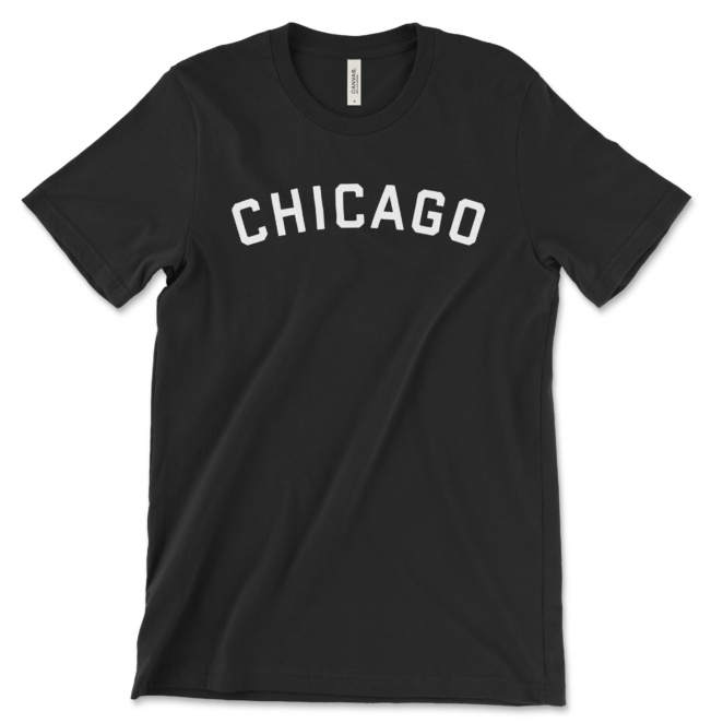 Chicago white curved text on black tee