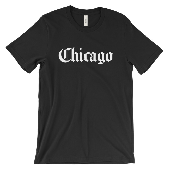 Black t-shirt that says Chicago in white