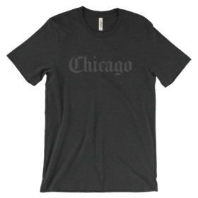 Black heather t-shirt that says Chicago in gray