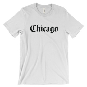 White t-shirt that says Chicago in black