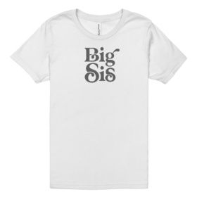 White youth tshirt with Big Sis word art in gray