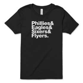 Black youth tee that says "Phillies & Eagles & Sixers & Flyers"