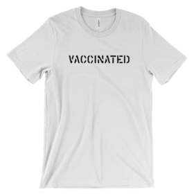 VACCINATED all caps stencil font design on white tee