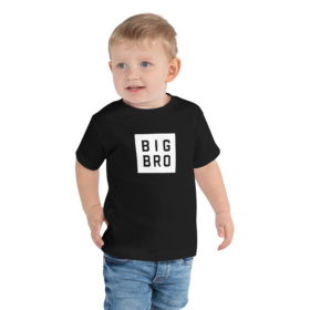 Toddler wearing black tee that says BIG BRO