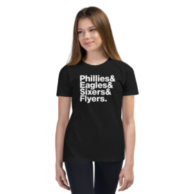 Youth girl wearing Philly Sports Teams tee in black