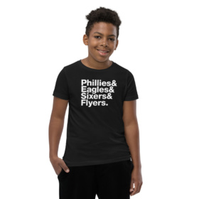 Youth boy wearing Philly Sports Teams tee in black