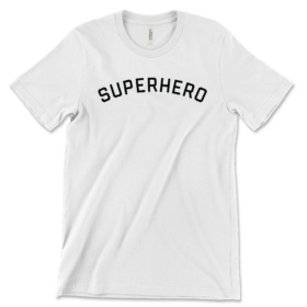 White t-shirt that says SUPERHERO in black