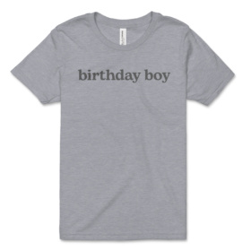Youth heather gray t-shirt that says birthday boy