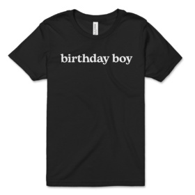 Youth black t-shirt that says birthday boy