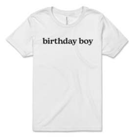 Youth white t-shirt that says birthday boy