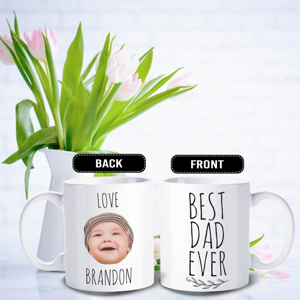 Back and Front view of white mug with baby photo and BEST DAD EVER print