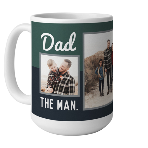 White mug with custom photos that says Dad THE MAN. THE MYTH. THE LEGEND.