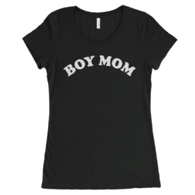 Charcoal black women's tee that says BOY MOM