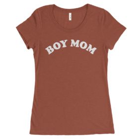 Clay color women's tee that says BOY MOM