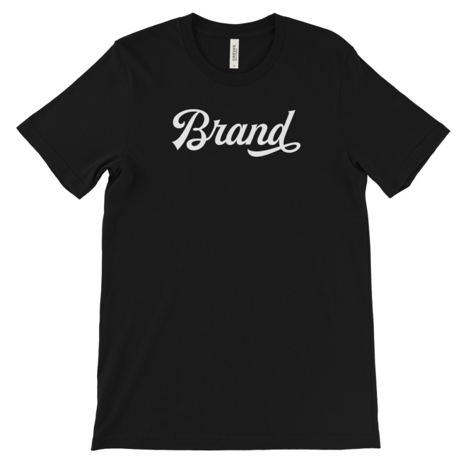 Black t-shirt that says "Brand"