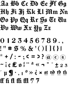 Old English font character set