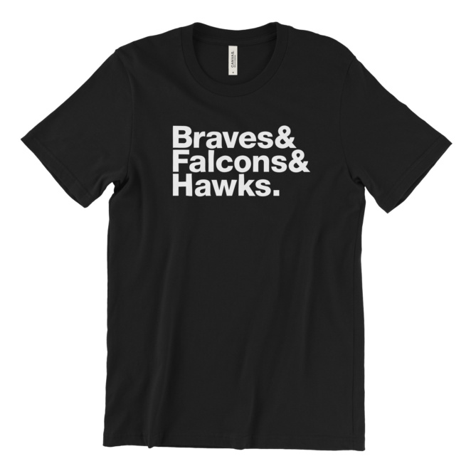 Black short sleeve tee that says Braves & Falcons & Hawks.