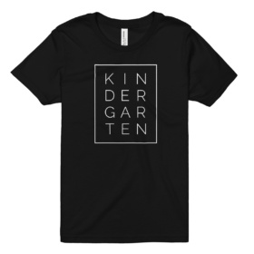 Stacked letters in a box that says KINDERGARTEN black youth tee