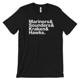 Black tee that says Mariners & Sounders & Kraken & Hawks.