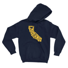 Navy hoodie with California outline word map