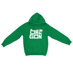 Green hoodie with Oregon word art printed in white