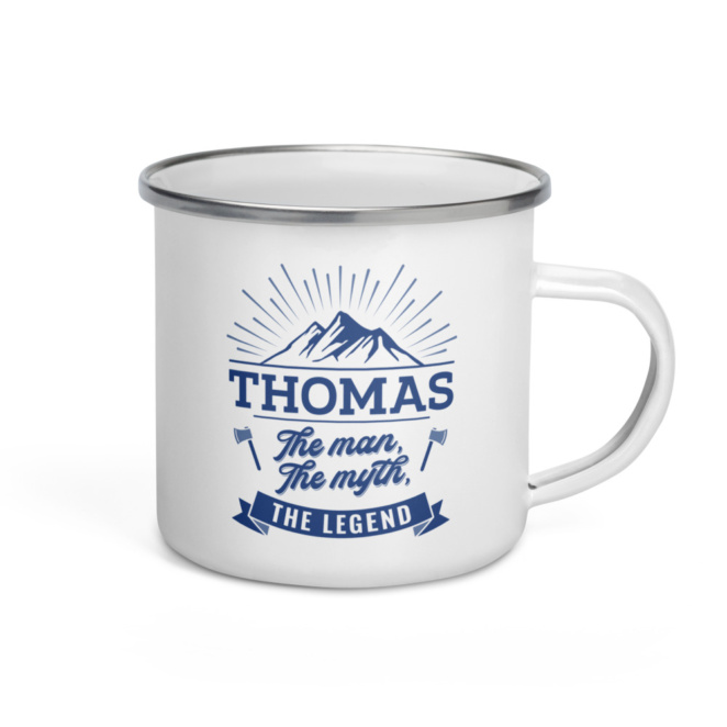 THOMAS The man, The myth, THE LEGEND white enamel mug front