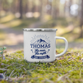 THOMAS The man, The myth, THE LEGEND white enamel mug outdoor photo