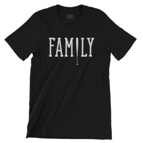Black short sleeve t-shirt with FAMILY spelled with a baseball bat as the I.
