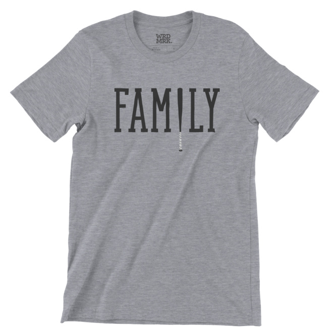 Heather gray short sleeve t-shirt with FAMILY spelled with a baseball bat as the I.
