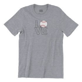 LOVE t-shirt with O as a baseball heather gray