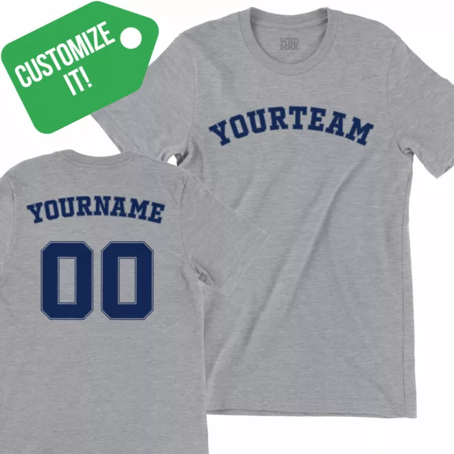 CUSTOMIZE IT! Gray heather t-shirt with YOURTEAM on front and YOURNAME 00 on back