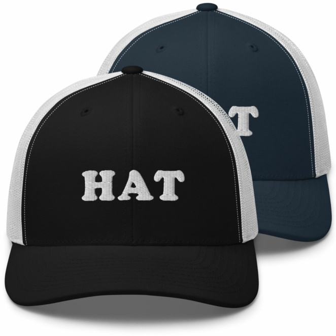 Hat that says HAT black and navy color variations
