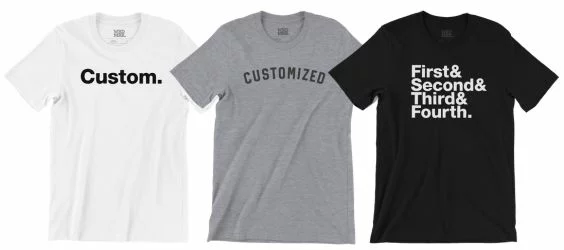 Three custom t-shirt examples white heather gray and black