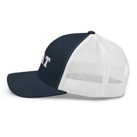Navy and white trucker hat that says hat left