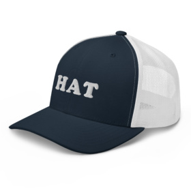 Navy and white trucker hat that says hat left front