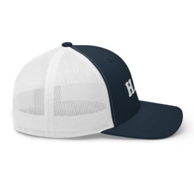 Navy and white trucker hat that says hat right