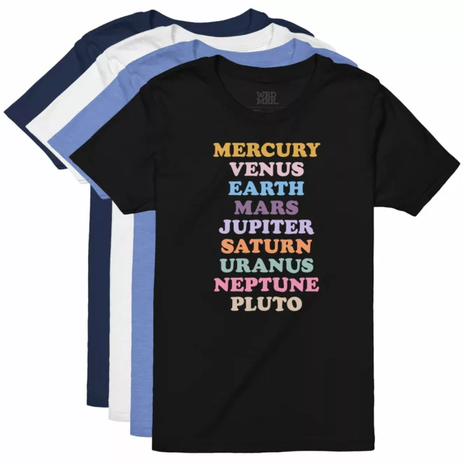 Planet Names kids t-shirts color variations
