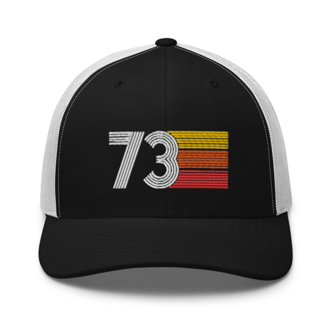 1973 black and white trucker hat front