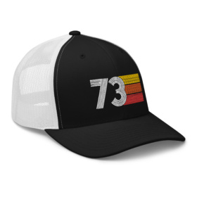 1973 black and white trucker hat right front