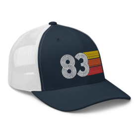 83 navy blue and white retro trucker hat right front
