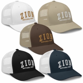 Zion National Park trucker hats in five color variations