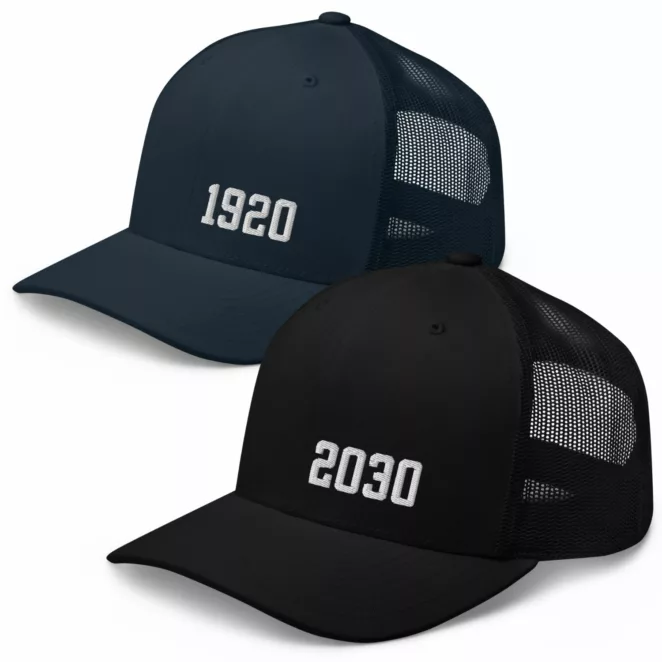 1920 hat in navy and 2030 hat in black