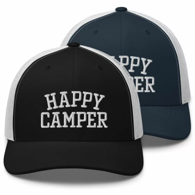 HAPPY CAMPER trucker hats navy and black variations