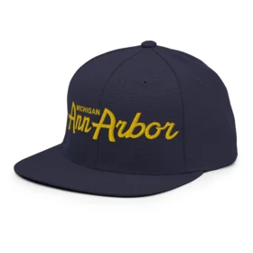 Ann Arbor Michigan script snapback hat navy left front