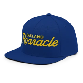 OAKLAND Roaracle script snapback hat blue left front