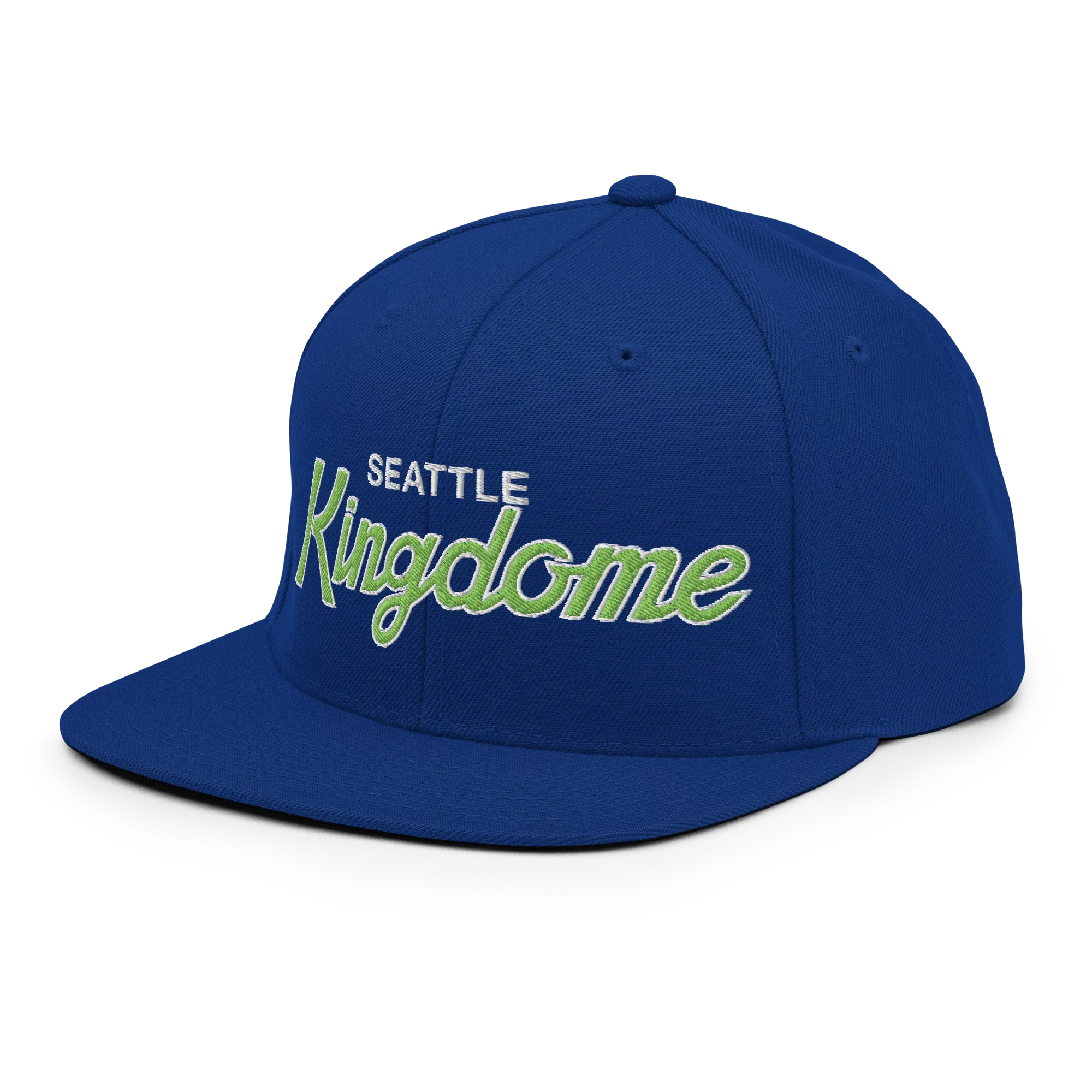 SEATTLE Kingdome script snapback hat blue left front