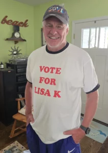 Happy WRDMRK customer wearing custom vote for pedro t-shirt